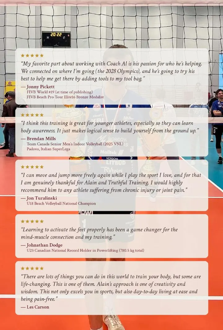 The back cover of The Athletic Tree of Life, with five athlete testimonials over a photo of Alain on a volleyball court